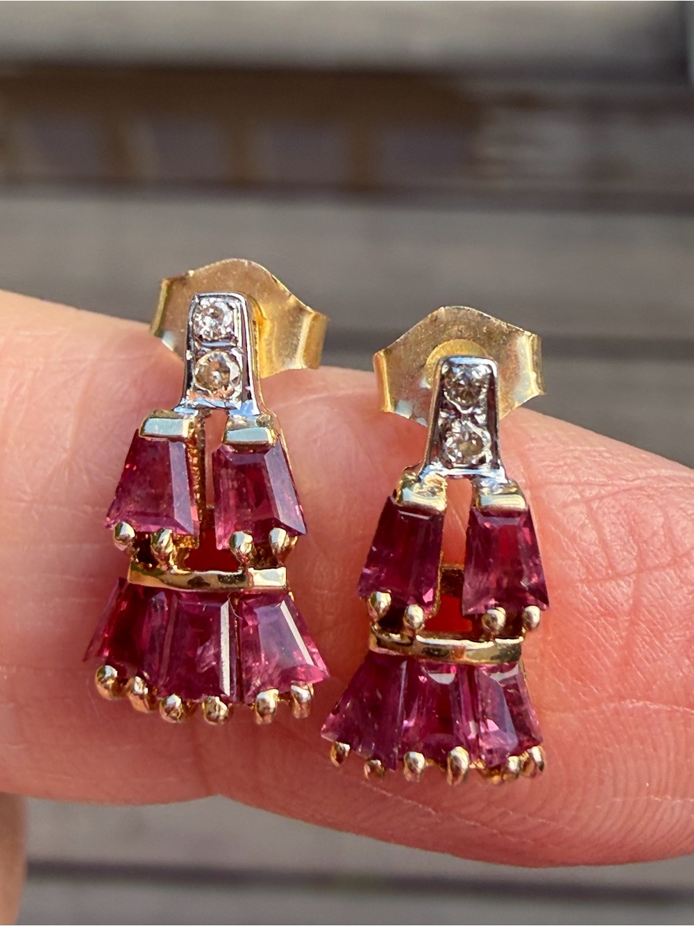 Vintage 14K Gold Natural Ruby Diamond Tiered Trapezoid Earrings 2.14g